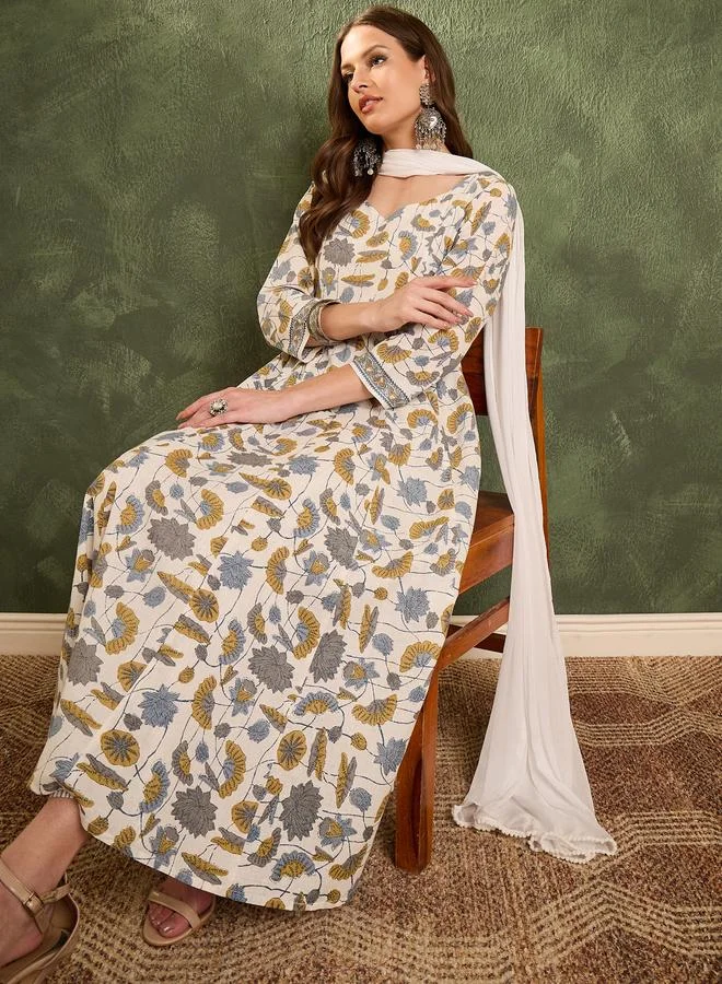 SASSAFRAS Women Off White Floral Anarkali Kurta with Pants and Dupatta Set